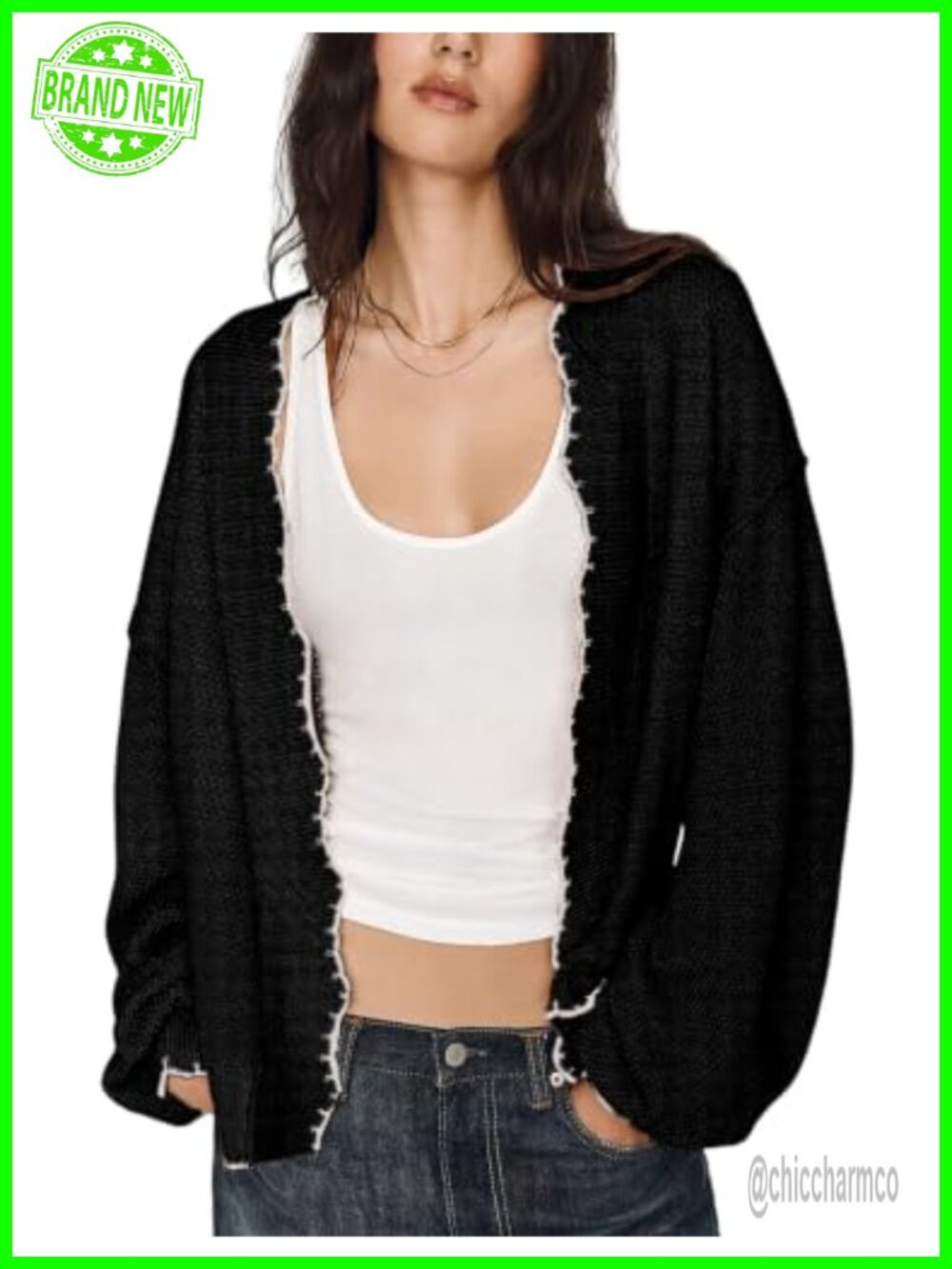UATKIMI Women Open Front Cardigan Loose Balloon Sleeve Knit Top